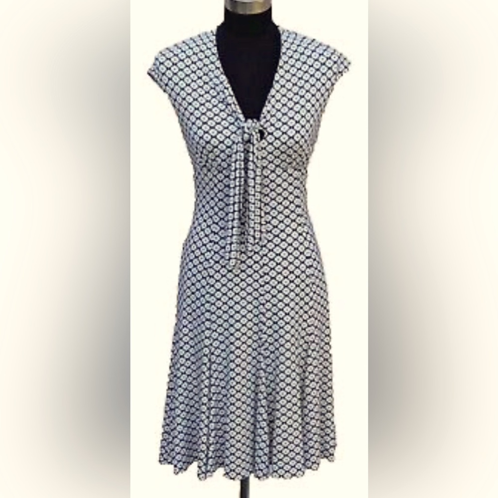 Talbots Petite Black and White Knit Midi Fit Flare Dress